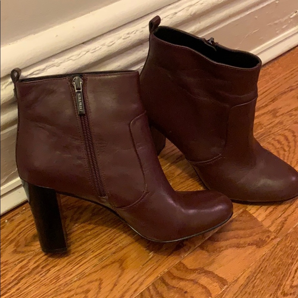 Brown leather booties with block heel